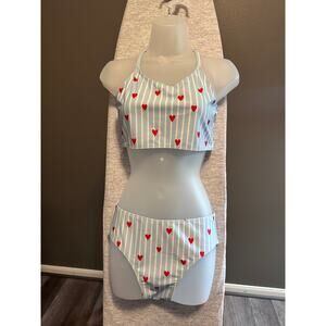 Member’s Mark Girls Bikini Set XL 14-16 Blue Stripe Red Heart Two Piece Swim